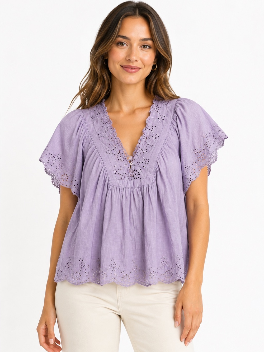 Free People Lavender Eyelet V-Neck Flutter Blouse
